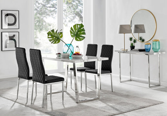 Kylo White Marble Effect Dining Table & 4 Milan Chrome Leg Chairs