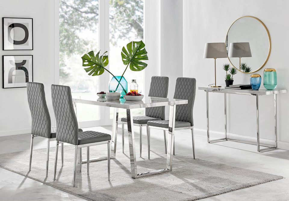 Kylo White Marble Effect Dining Table & 4 Milan Chrome Leg Chairs