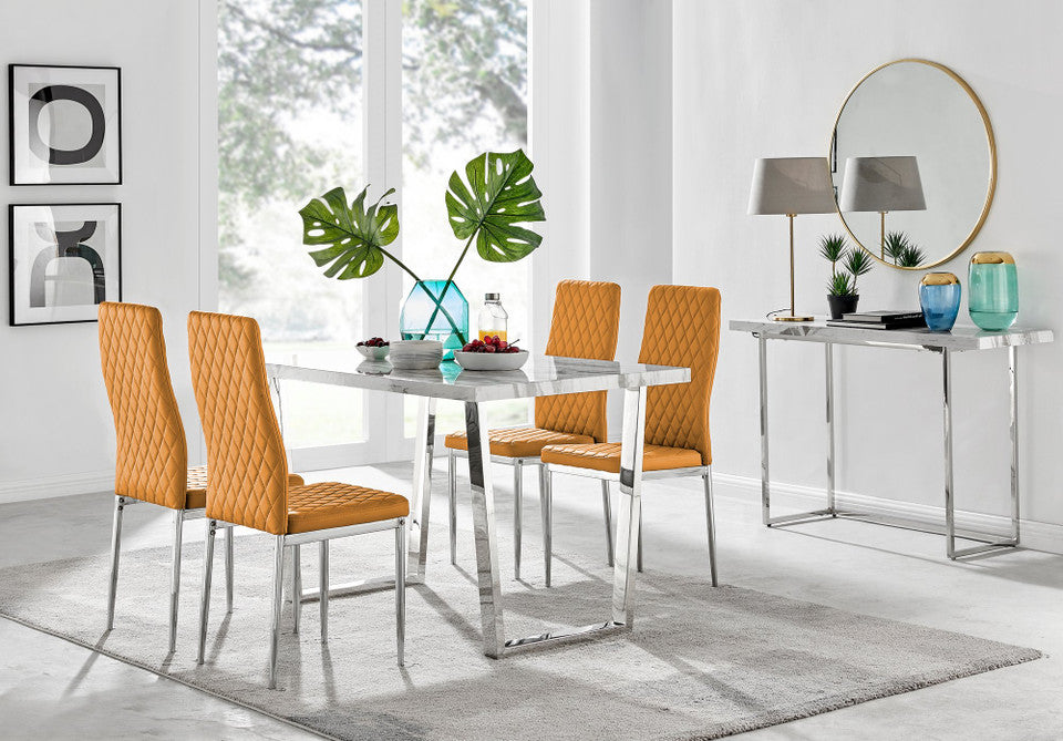 Kylo White Marble Effect Dining Table & 4 Milan Chrome Leg Chairs