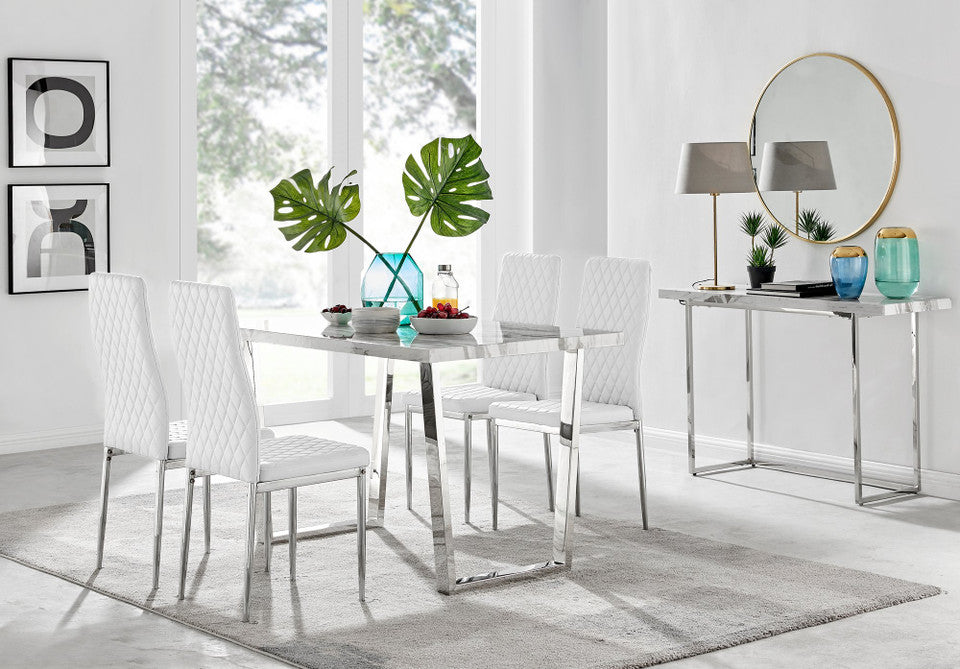 Kylo White Marble Effect Dining Table & 4 Milan Chrome Leg Chairs