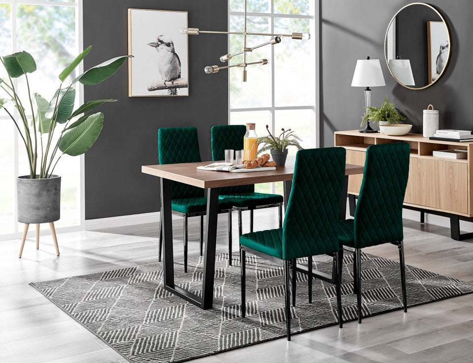 Kylo Brown Wood Effect Dining Table & 4 Velvet Milan Black Leg Chairs