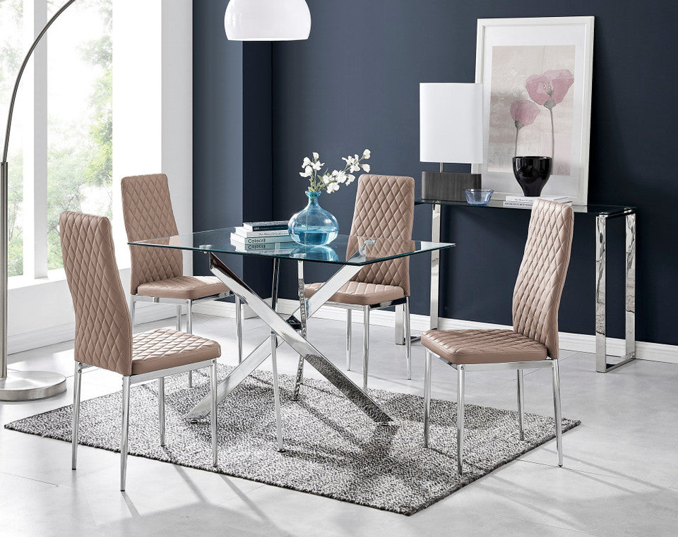 Leonardo Glass And Chrome Metal Dining Table And 4 Milan Chairs Set