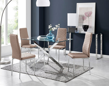 Leonardo Glass And Chrome Metal Dining Table And 4 Milan Chairs Set