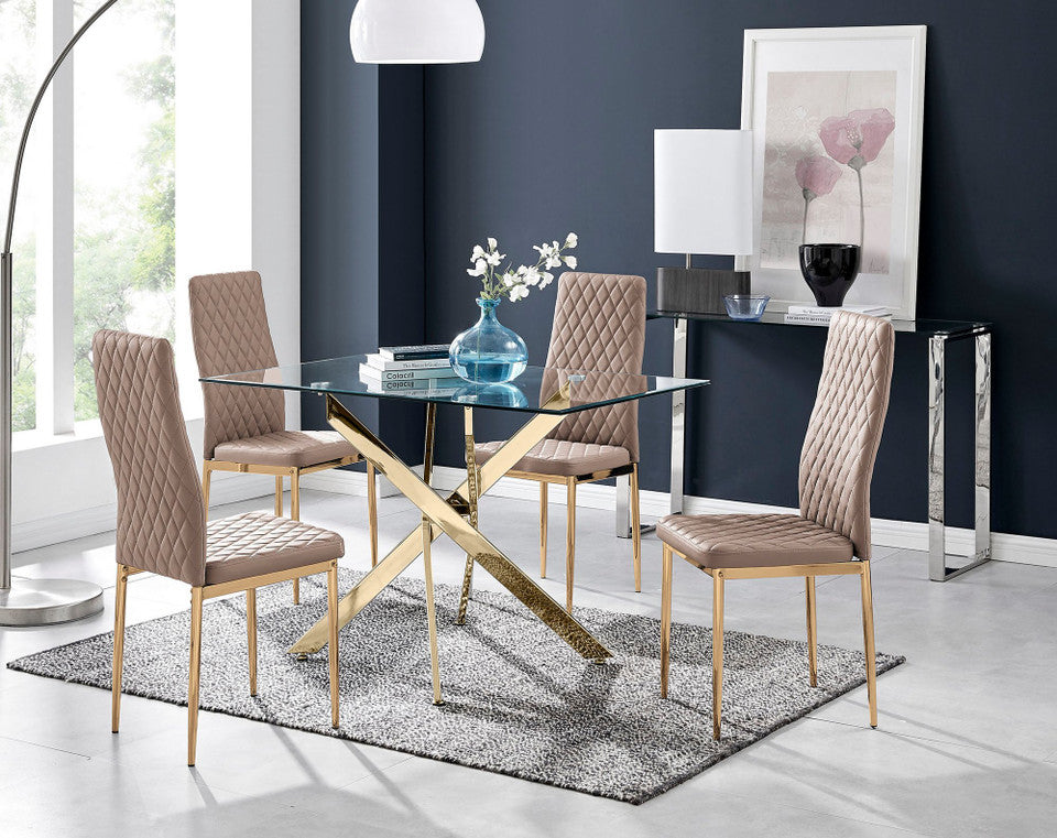 Leonardo 4 Gold Dining Table and 4 Gold Leg Milan Chairs