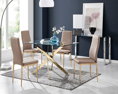 Leonardo 4 Gold Dining Table and 4 Gold Leg Milan Chairs