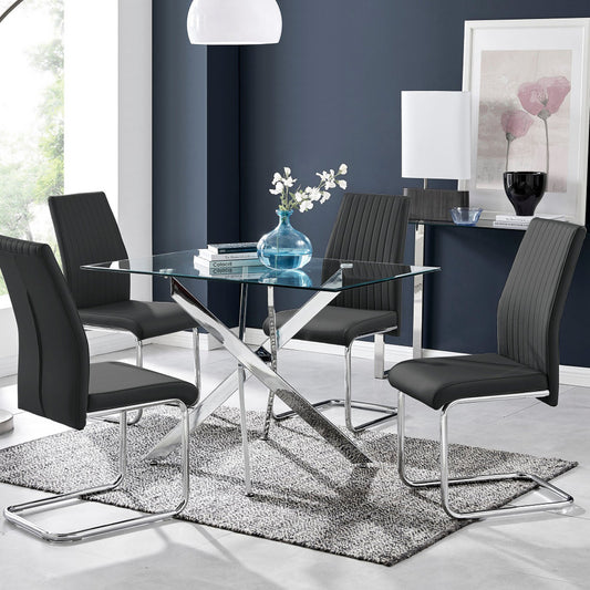 Leonardo Glass And Chrome Metal Dining Table And 4 Lorenzo Dining Chairs