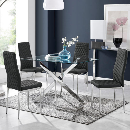 Leonardo Glass And Chrome Metal Dining Table And 4 Milan Chairs Set