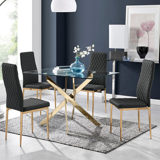 Leonardo 4 Gold Dining Table and 4 Gold Leg Milan Chairs