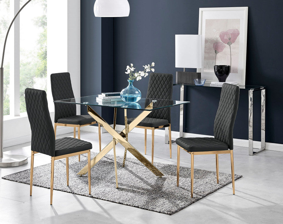 Leonardo 4 Gold Dining Table and 4 Gold Leg Milan Chairs