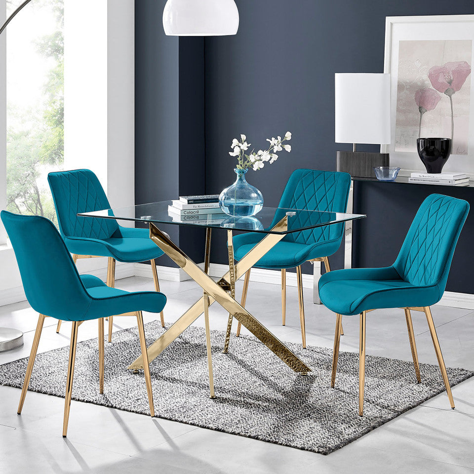 Leonardo 4 Gold Dining Table and 4 Pesaro Gold Leg Chairs