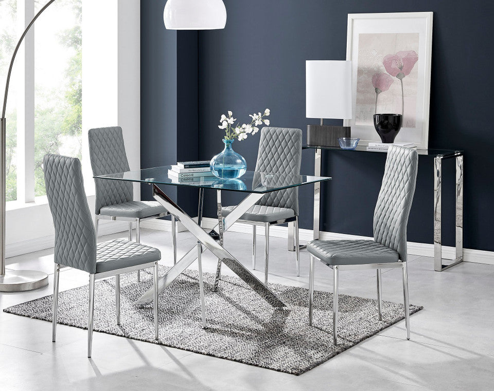 Leonardo Glass And Chrome Metal Dining Table And 4 Milan Chairs Set