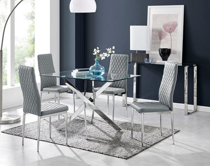 Leonardo Glass And Chrome Metal Dining Table And 4 Milan Chairs Set