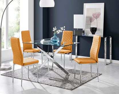 Leonardo Glass And Chrome Metal Dining Table And 4 Milan Chairs Set