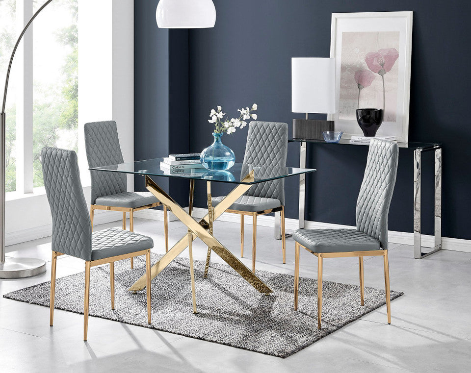 Leonardo 4 Gold Dining Table and 4 Gold Leg Milan Chairs