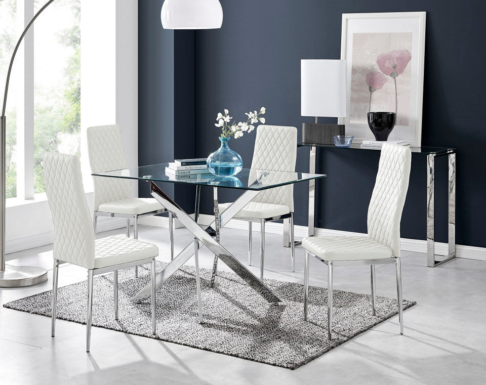 Leonardo Glass And Chrome Metal Dining Table And 4 Milan Chairs Set
