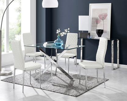 Leonardo Glass And Chrome Metal Dining Table And 4 Milan Chairs Set