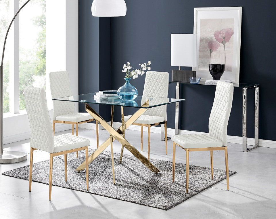 Leonardo 4 Gold Dining Table and 4 Gold Leg Milan Chairs