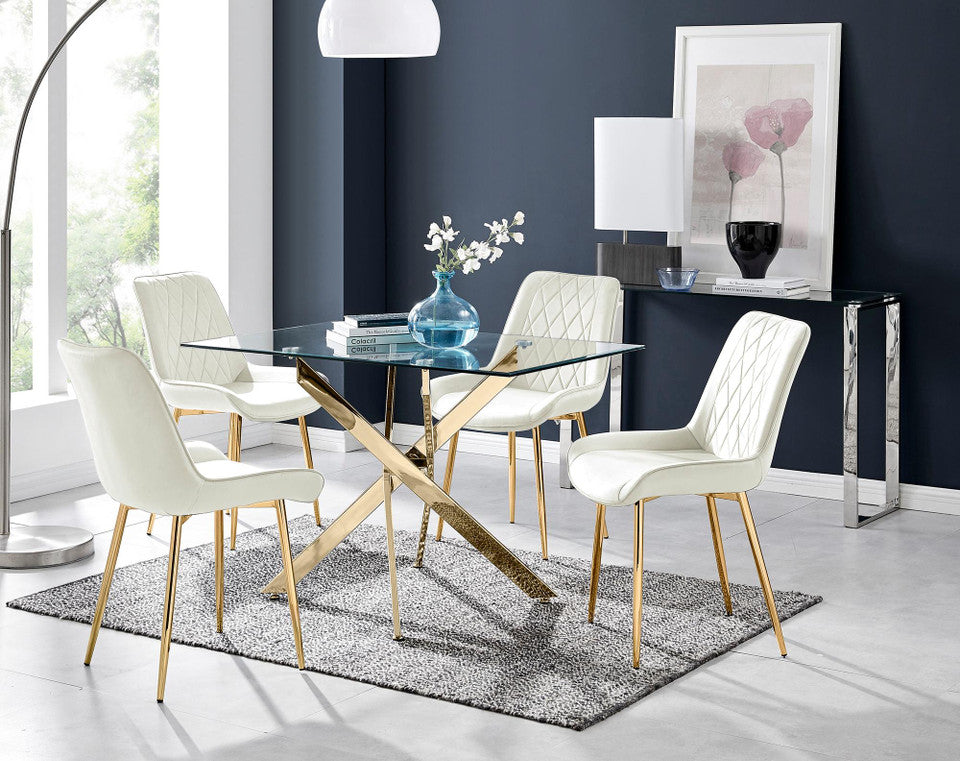 Leonardo 4 Gold Dining Table and 4 Pesaro Gold Leg Chairs