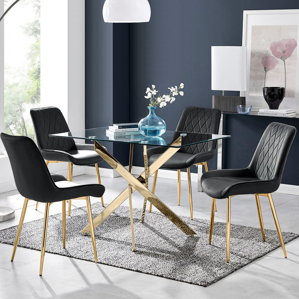 Leonardo 4 Gold Dining Table and 4 Pesaro Gold Leg Chairs