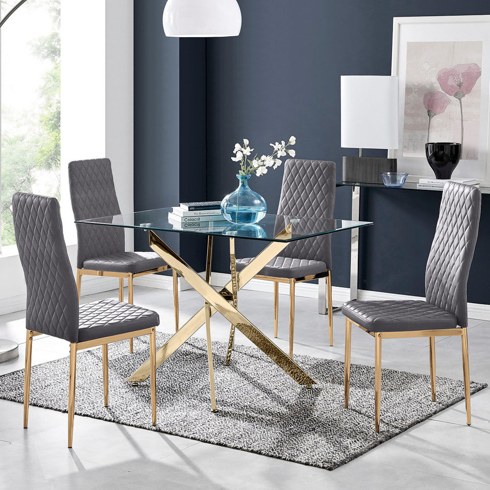 Leonardo 4 Gold Dining Table and 4 Gold Leg Milan Chairs