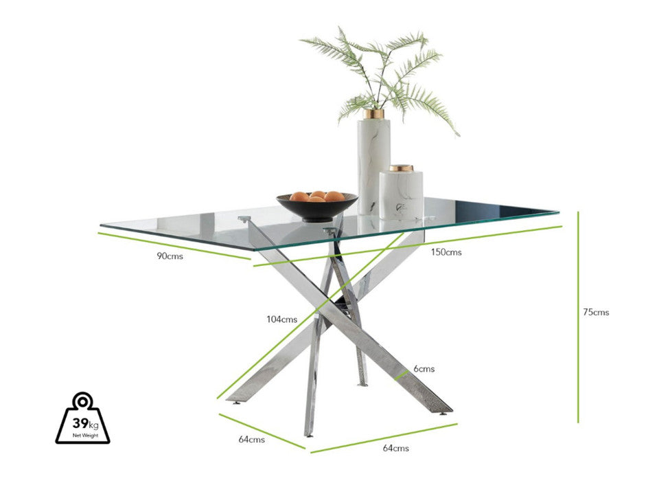 Leonardo Rectangular Glass and Black Metal 6 Seater Dining Table
