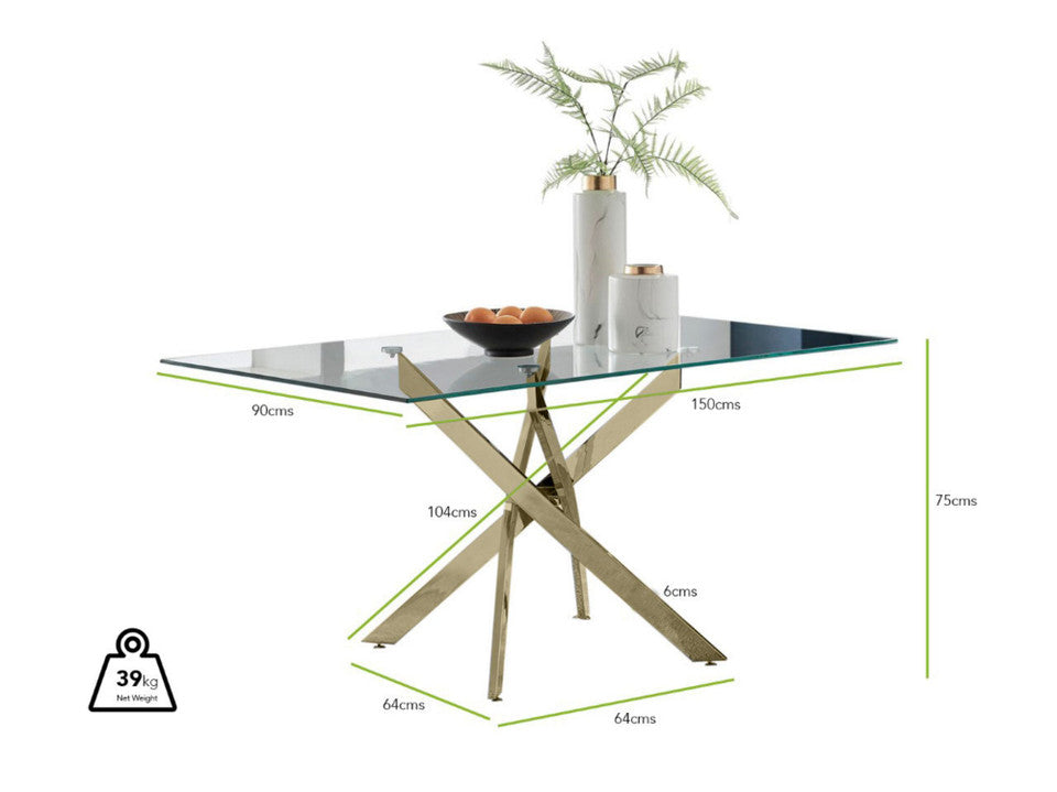 Leonardo Rectangular Glass and Black Metal 6 Seater Dining Table