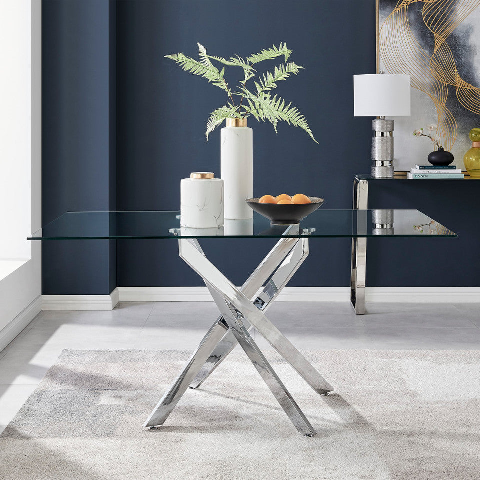 Leonardo Rectangular Glass and Black Metal 6 Seater Dining Table