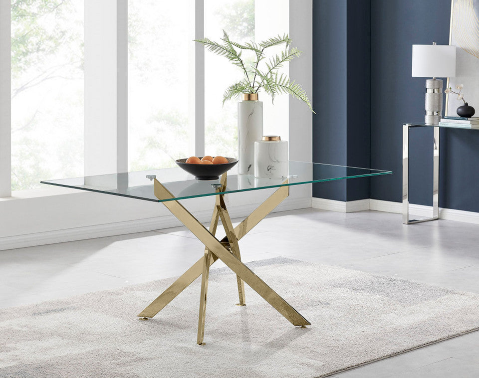 Leonardo Rectangular Glass and Gold Metal 6 Seater Dining Table