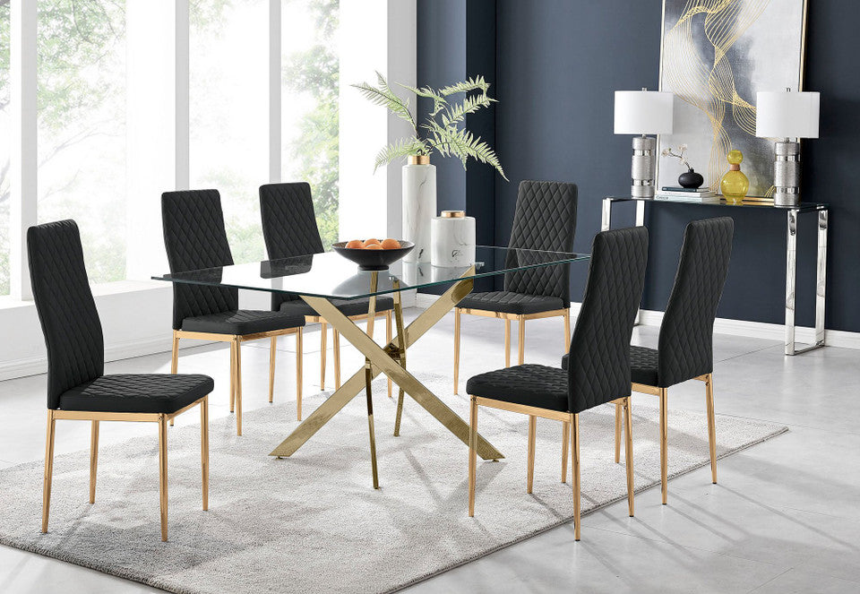 Leonardo 6 Gold Dining Table and 6 Gold Leg Milan Chairs