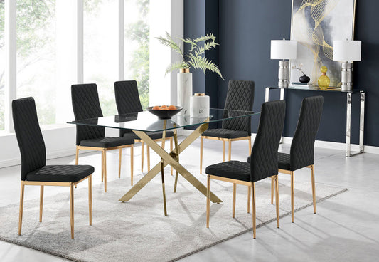 Leonardo 6 Gold Dining Table and 6 Gold Leg Milan Chairs
