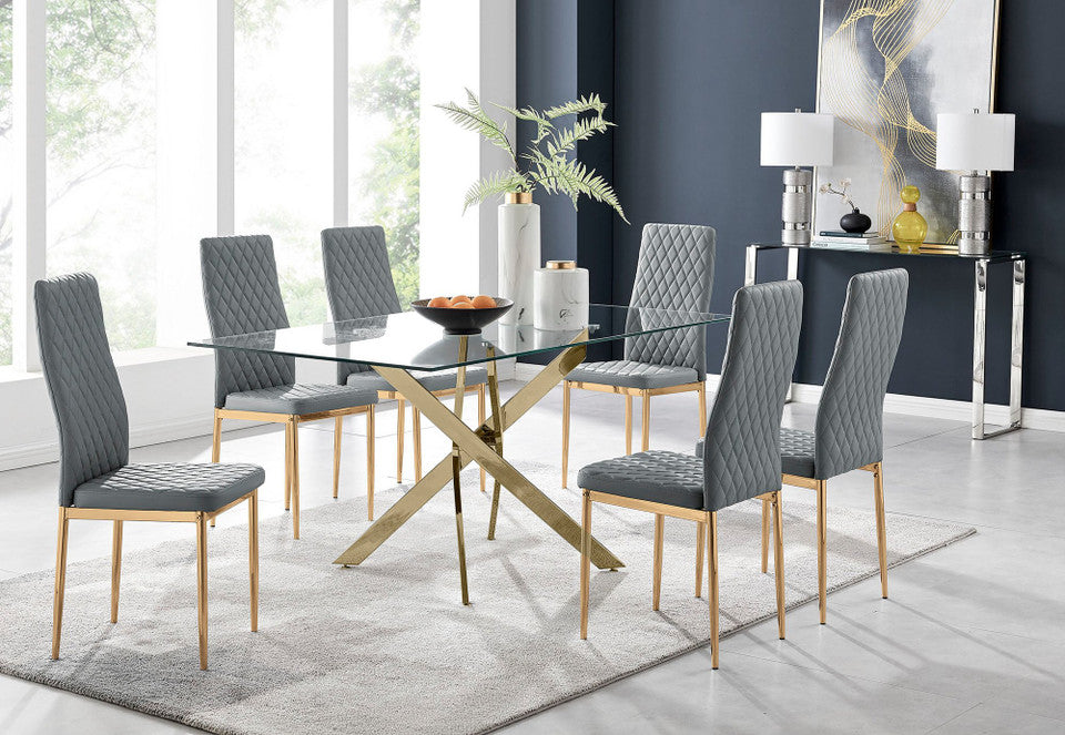 Leonardo 6 Gold Dining Table and 6 Gold Leg Milan Chairs