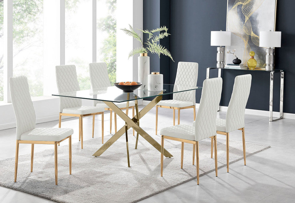 Leonardo 6 Gold Dining Table and 6 Gold Leg Milan Chairs