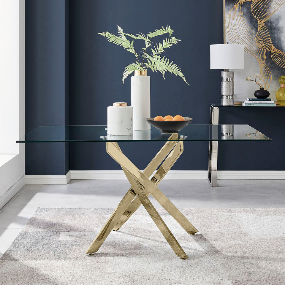 Leonardo Rectangular Glass and Gold Metal 6 Seater Dining Table