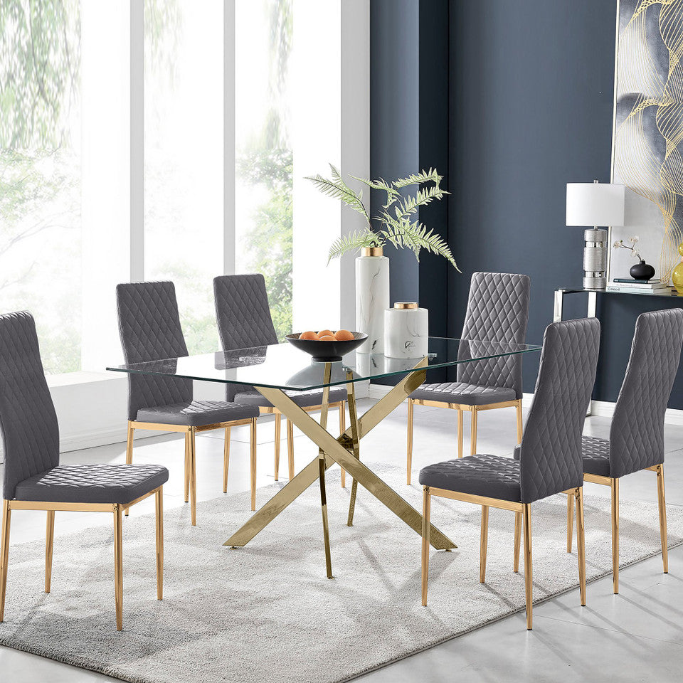 Leonardo 6 Gold Dining Table and 6 Gold Leg Milan Chairs
