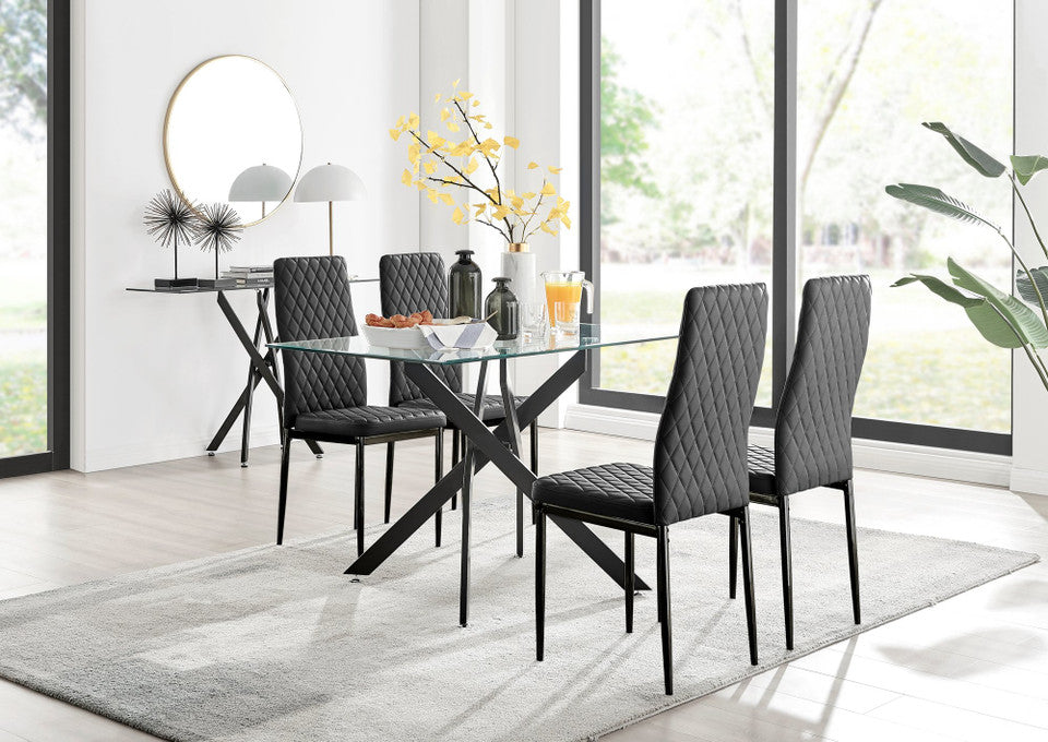 Leonardo Black Leg Glass Dining Table & 4 Milan Black Leg Chairs
