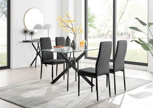 Leonardo Black Leg Glass Dining Table & 4 Milan Black Leg Chairs