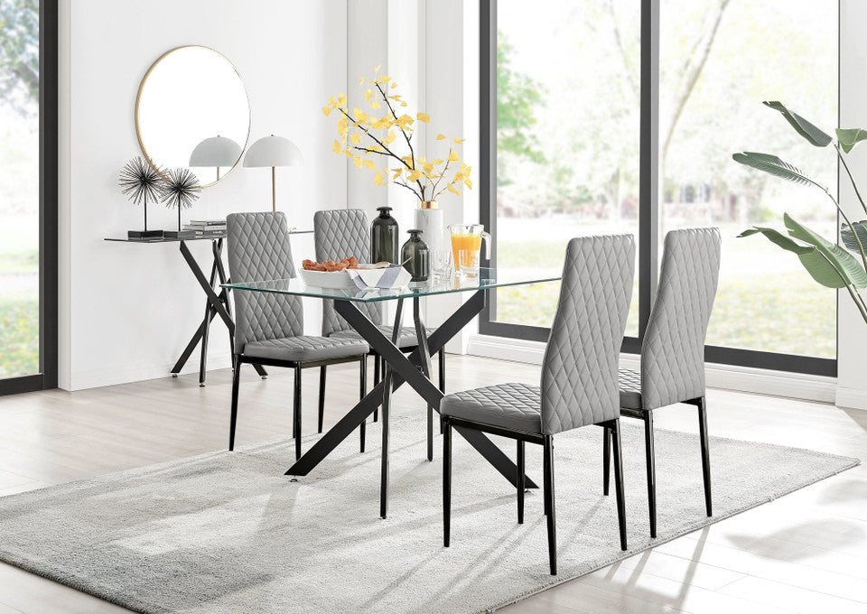 Leonardo Black Leg Glass Dining Table & 4 Milan Black Leg Chairs