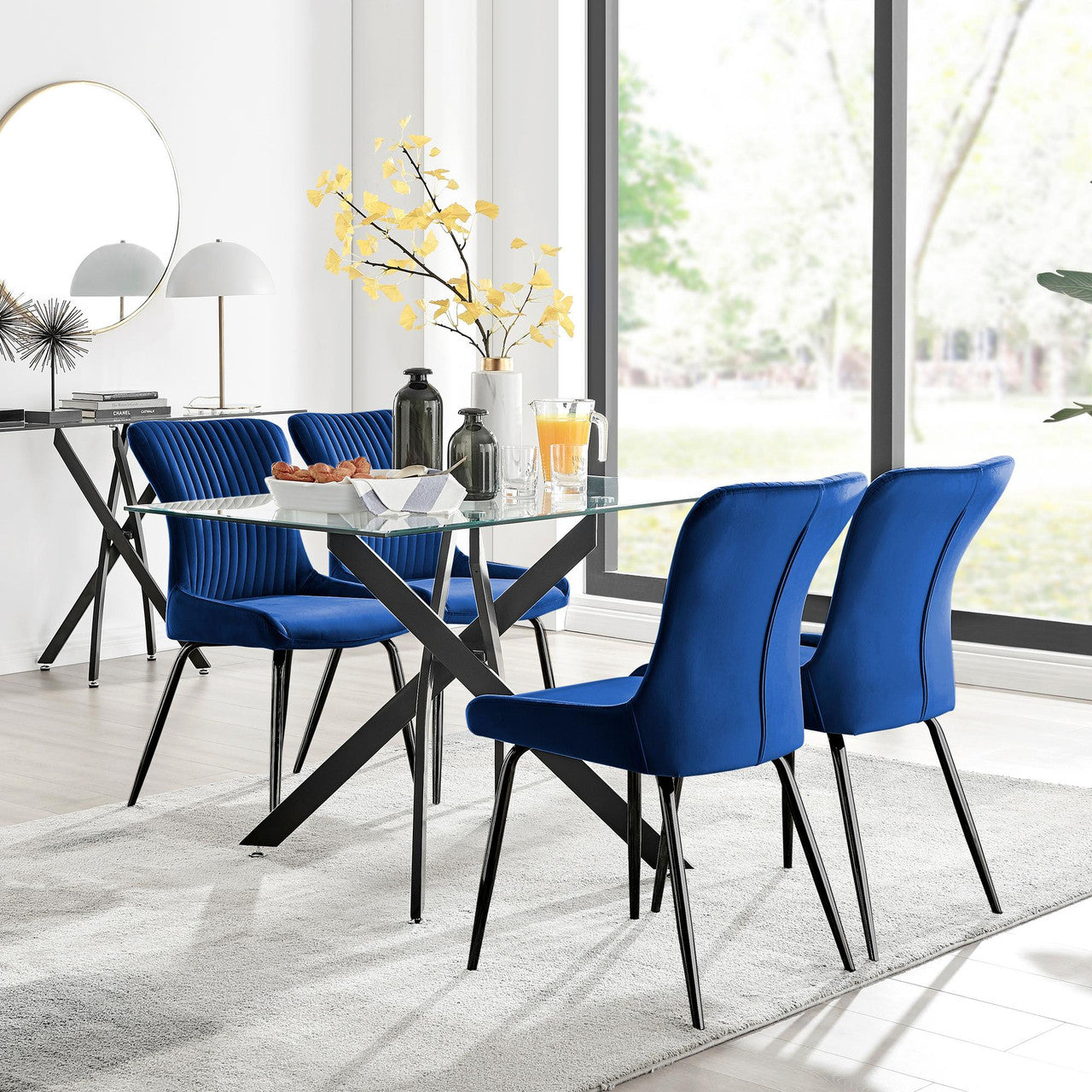 Leonardo Black Leg Glass Dining Table & 4 Nora Black Leg Chairs