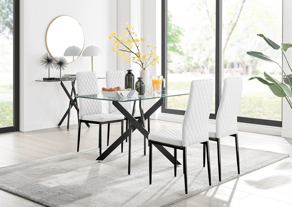 Leonardo Black Leg Glass Dining Table & 4 Milan Black Leg Chairs