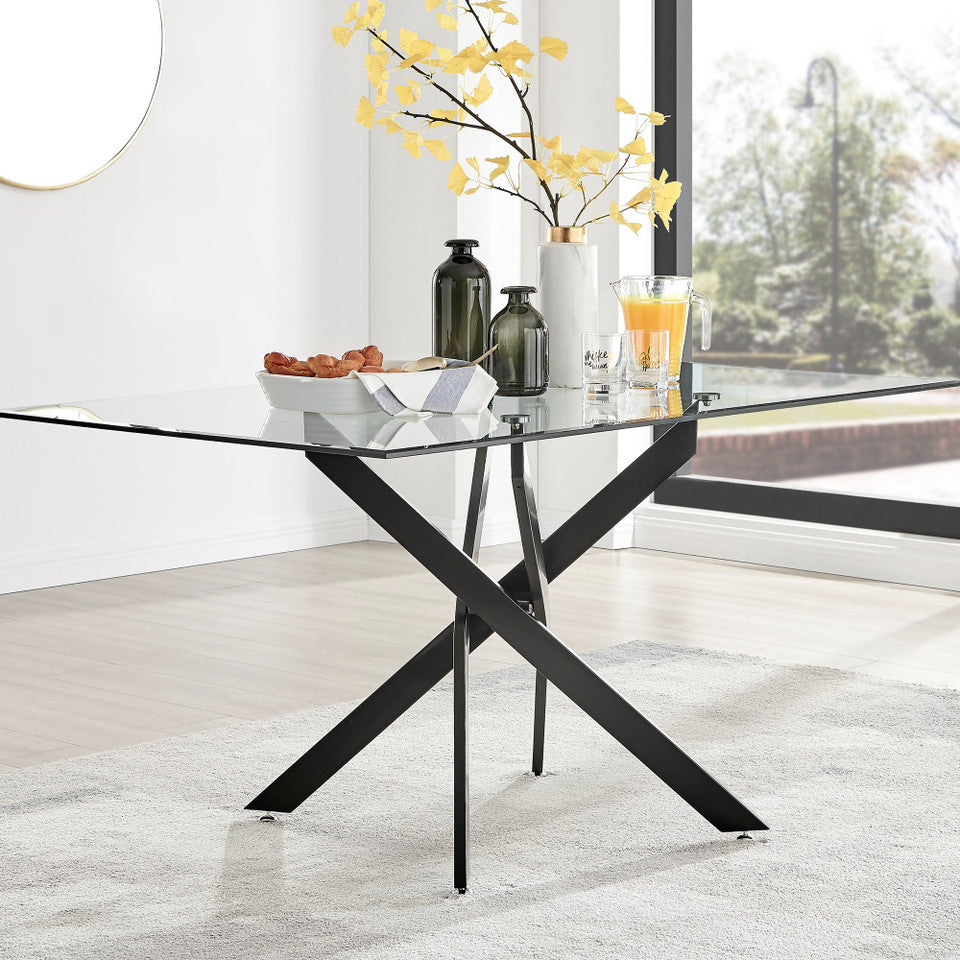 Leonardo Rectangular Glass and Black Metal 6 Seater Dining Table