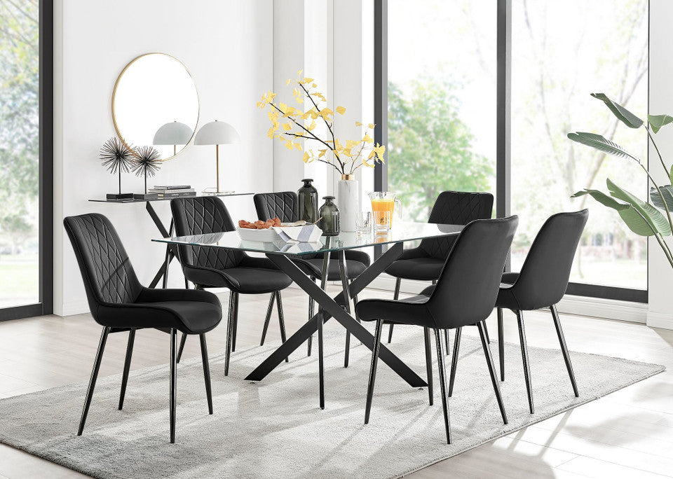 Leonardo Black Leg Glass Dining Table & 6 Pesaro Black Leg Chairs