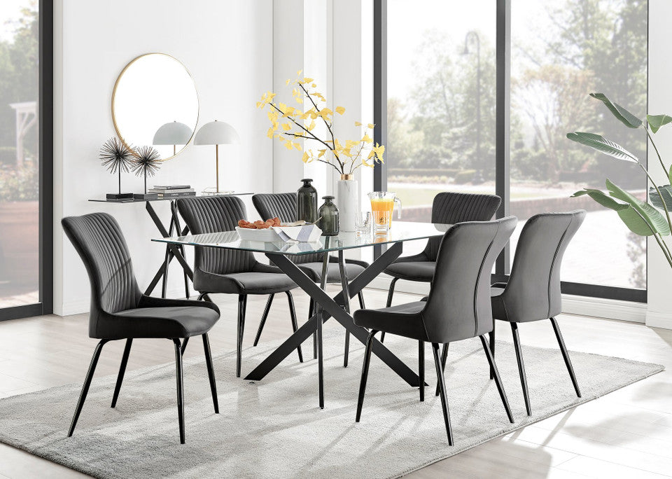 Leonardo Black Leg Glass Dining Table & 6 Nora Black Leg Chairs