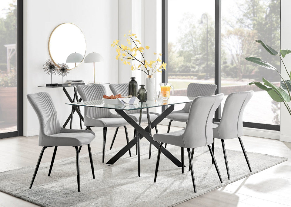 Leonardo Black Leg Glass Dining Table & 6 Nora Black Leg Chairs
