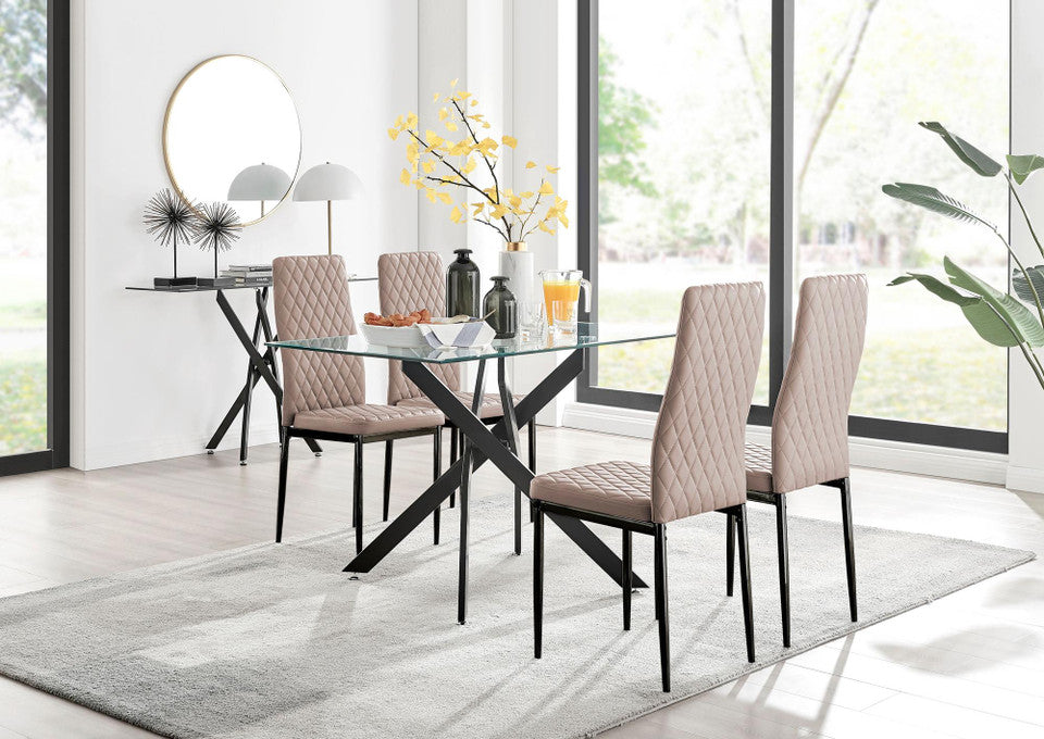 Leonardo Black Leg Glass Dining Table & 4 Milan Black Leg Chairs