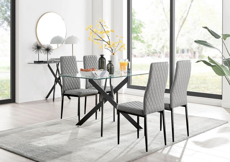 Leonardo Black Leg Glass Dining Table & 4 Milan Black Leg Chairs