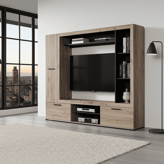Lucerne Grey Oak Effect And Black Entertaiment Unit Wall TV Cabinet
