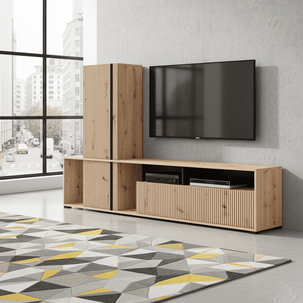 Norrvik Artisan Oak & Matte Black Slatted TV Entertainment Unit |(W × H × D): 195.5 × 139.5 × 33 cm