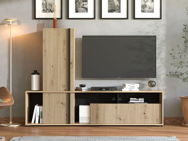 Norrvik Artisan Oak & Matte Black Slatted TV Entertainment Unit |(W × H × D): 195.5 × 139.5 × 33 cm