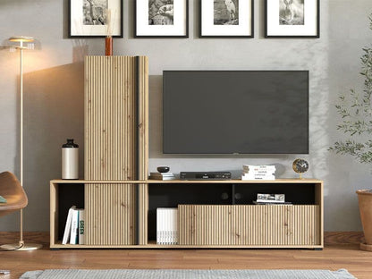 Norrvik Artisan Oak & Matte Black Slatted TV Entertainment Unit |(W × H × D): 195.5 × 139.5 × 33 cm