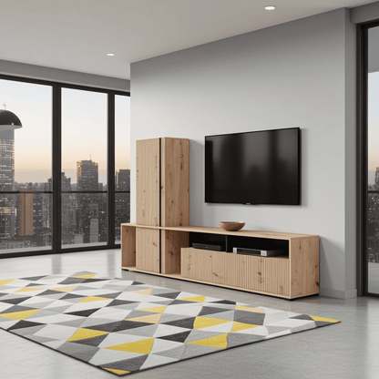 Norrvik Artisan Oak & Matte Black Slatted TV Entertainment Unit |(W × H × D): 195.5 × 139.5 × 33 cm